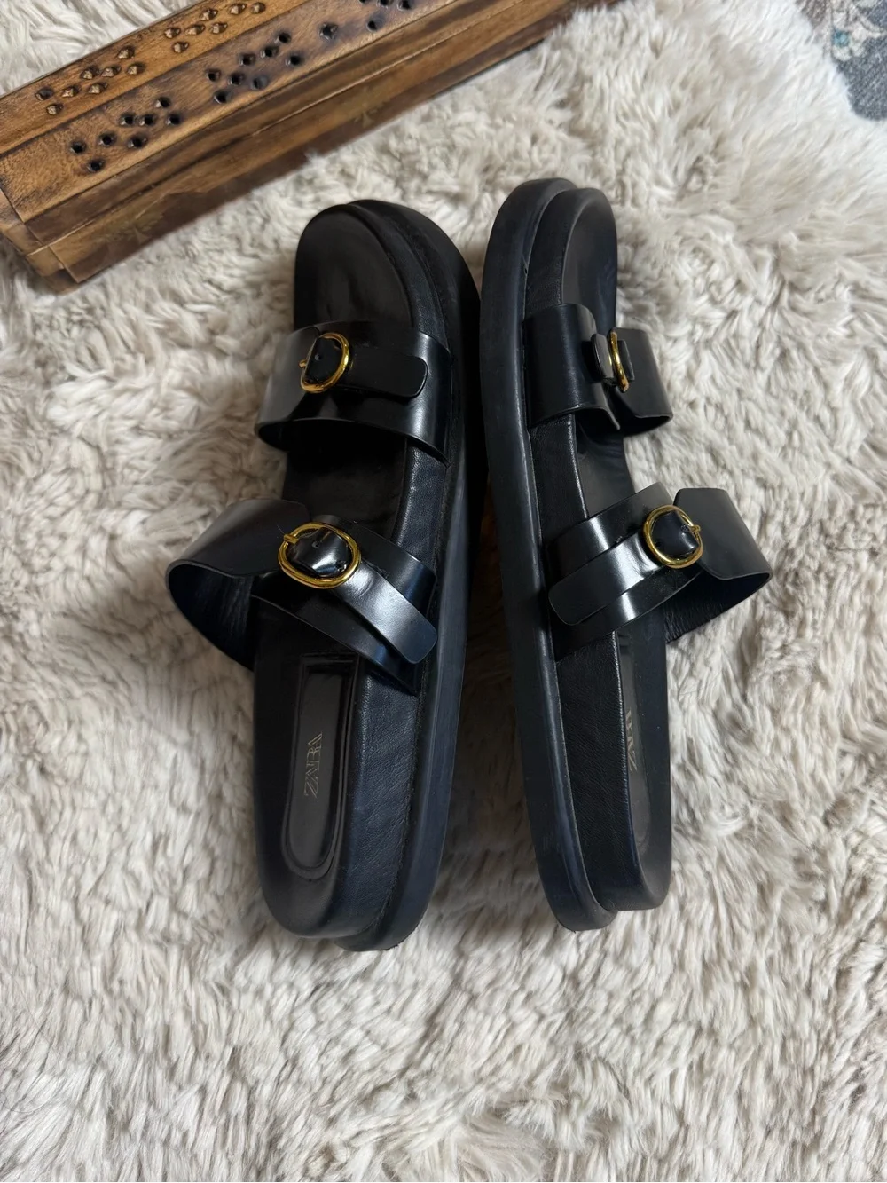 Zara Black Slide Sandals with Gold Buckles - Women's 39 - Picture 3 of 11